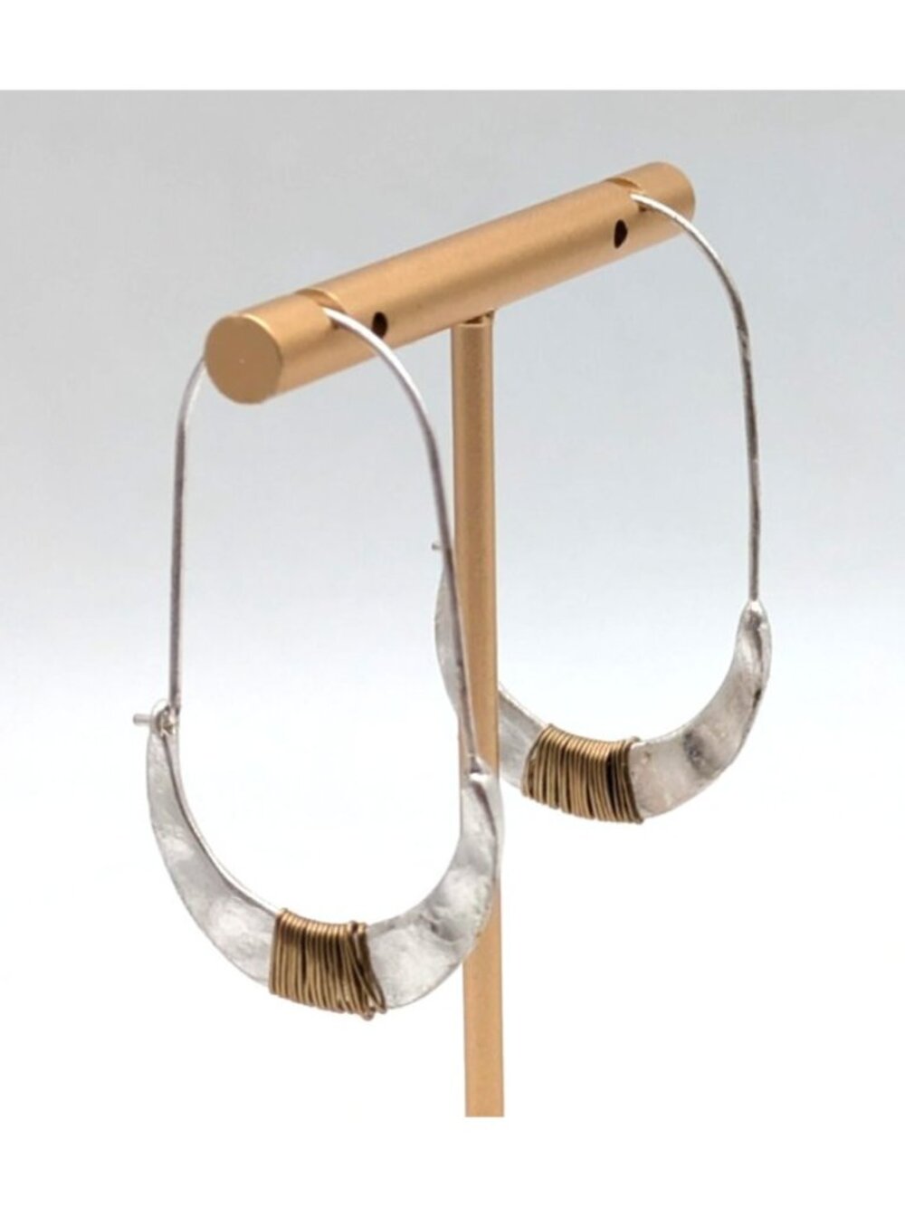 Hammered Silver Tone Oval Hoop Earrings Gold Tone Wrapped Wire 2" Drop